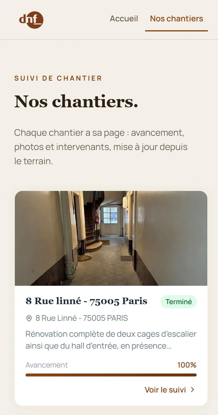 Liste des chantiers de DNF sur téléphone, avec photo et avancement de chacun